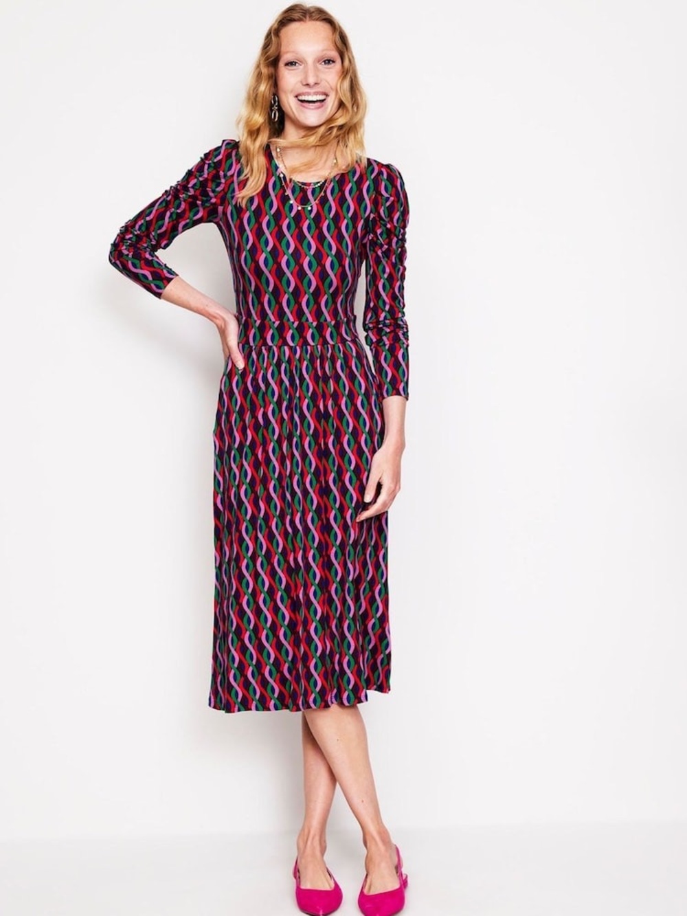 Boden Wave Print Midi Dress EcoVero Ruched Sleeve Multicolor Size 10